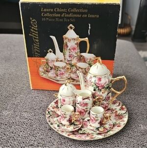 Laura Chintz Floral Mini Tea Set with Gold Accents